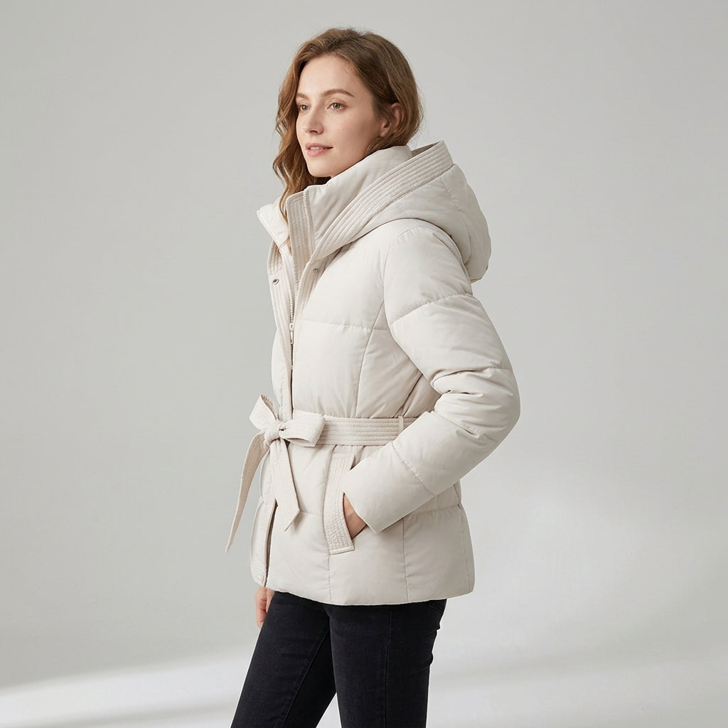 Nicolette | Gewatteerd damesjack met capuchon en riem – Comfortabele pasvorm