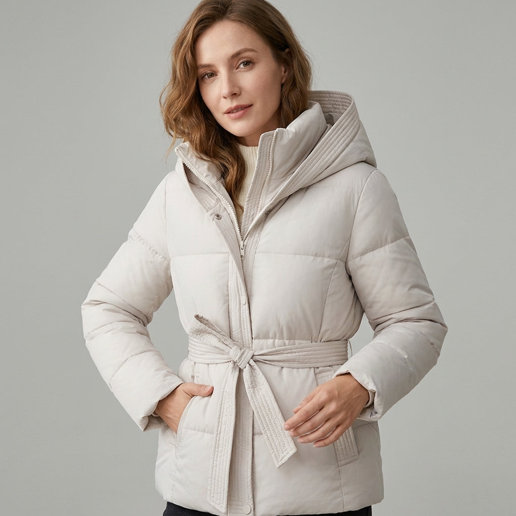 Nicolette | Gewatteerd damesjack met capuchon en riem – Comfortabele pasvorm