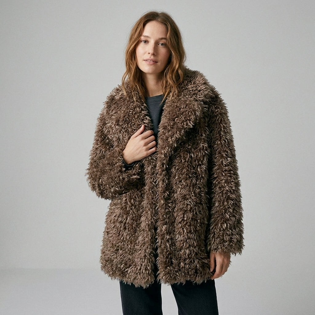 Zara | Retro Damesjas met Zachte Imitatiebontlook, Brede Revers en Open Model