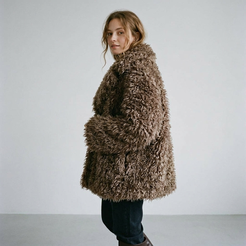 Zara | Retro Damesjas met Zachte Imitatiebontlook, Brede Revers en Open Model