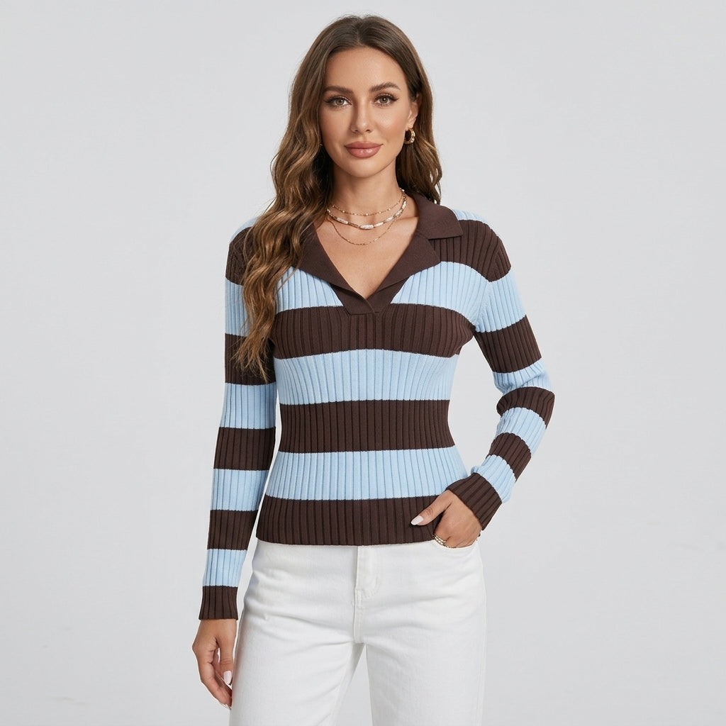 Xandra | Gestreepte Damestrui met Polokraag en Getailleerde Look