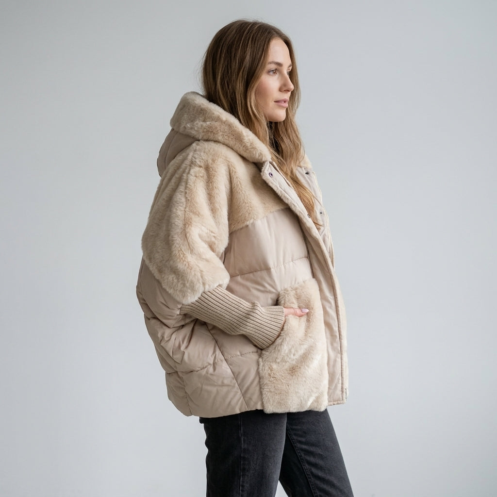 Amara | Zachte winterjas met capuchon voor dames, met panelen van imitatiebont