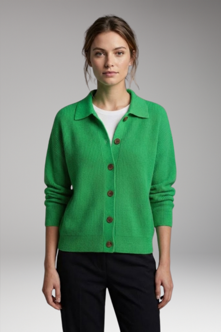 Lucasta | Gebreid vest voor dames – Kraag, knoopsluiting, lange mouwen