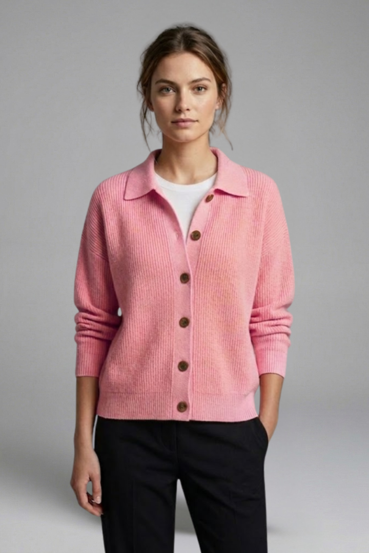 Lucasta | Gebreid vest voor dames – Kraag, knoopsluiting, lange mouwen