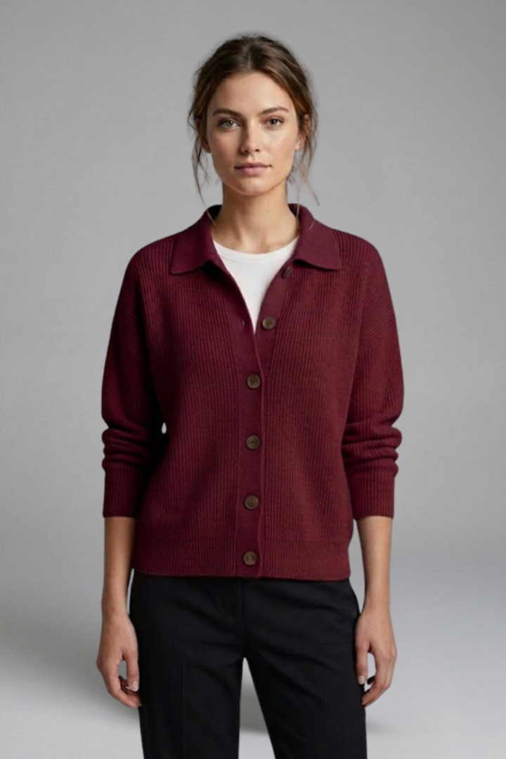 Lucasta | Gebreid vest voor dames – Kraag, knoopsluiting, lange mouwen