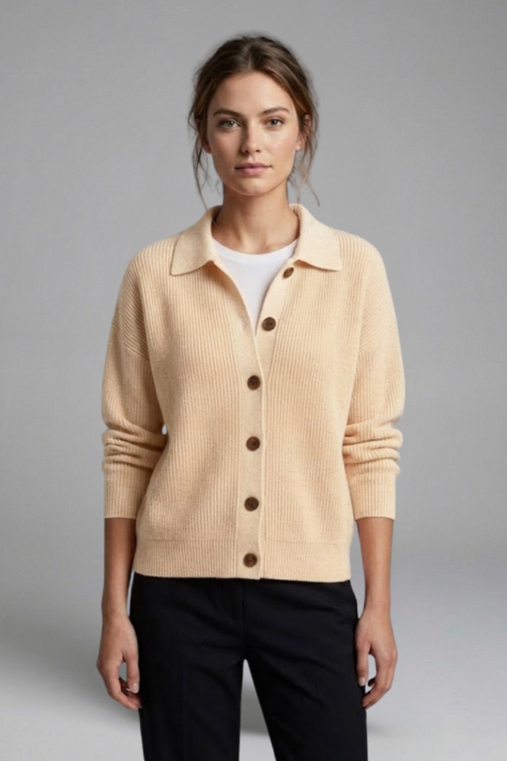 Lucasta | Gebreid vest voor dames – Kraag, knoopsluiting, lange mouwen