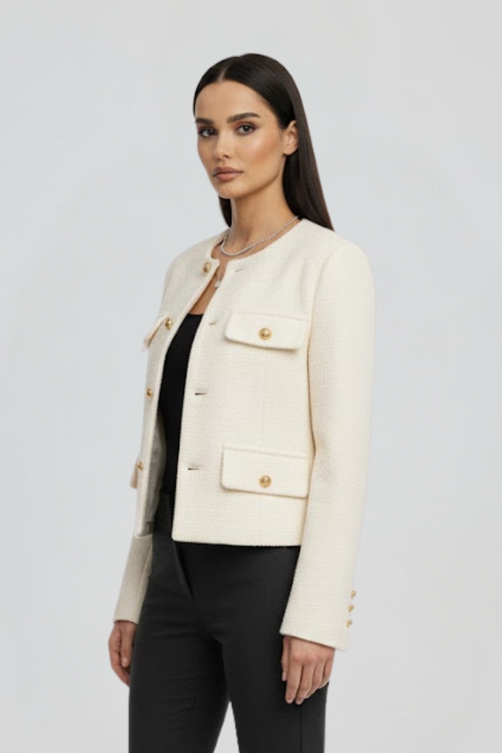 Kaelissa | Dames Cropped Jas – Jas met Knoopsluiting en Klepzakken aan de Voorkant