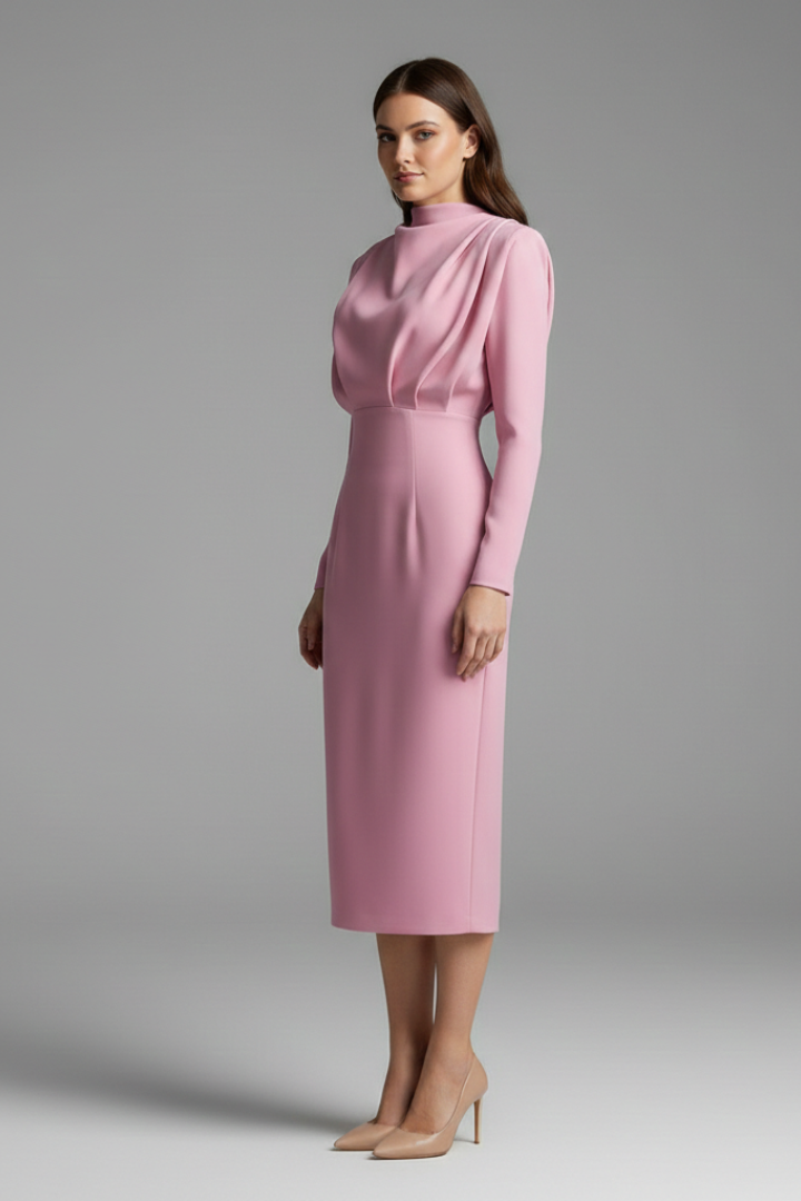 Quenivia | Midi-jurk met hoge hals voor dames – lange mouwen, elegant silhouet