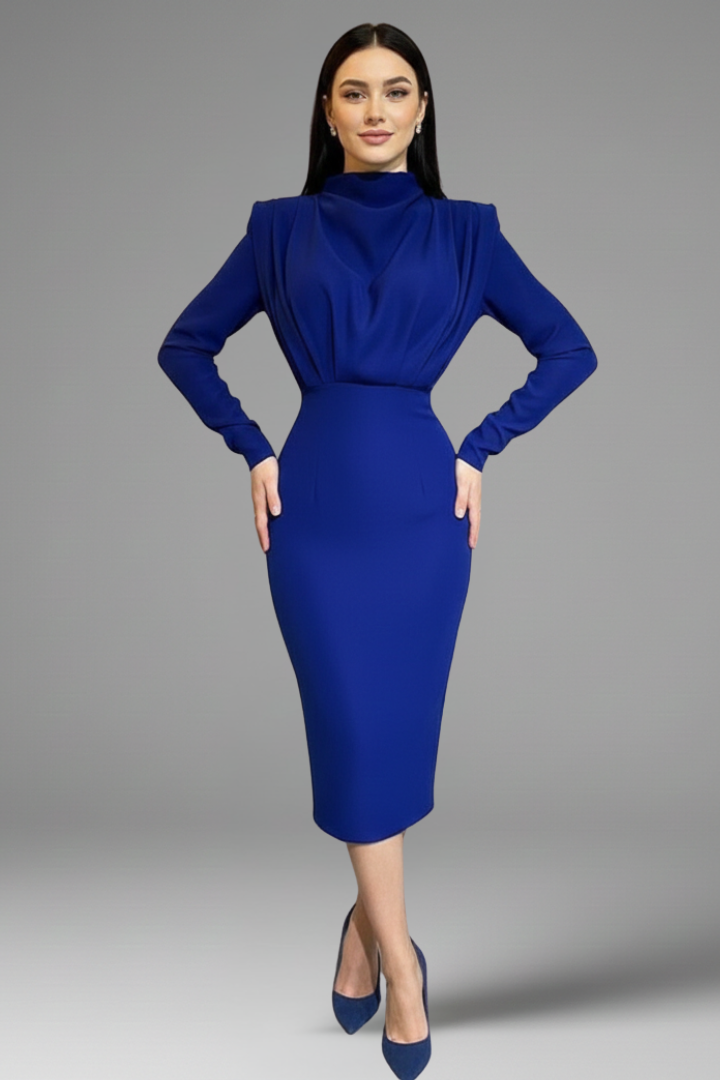 Quenivia | Midi-jurk met hoge hals voor dames – lange mouwen, elegant silhouet