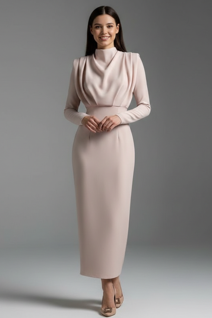 Quenivia | Midi-jurk met hoge hals voor dames – lange mouwen, elegant silhouet