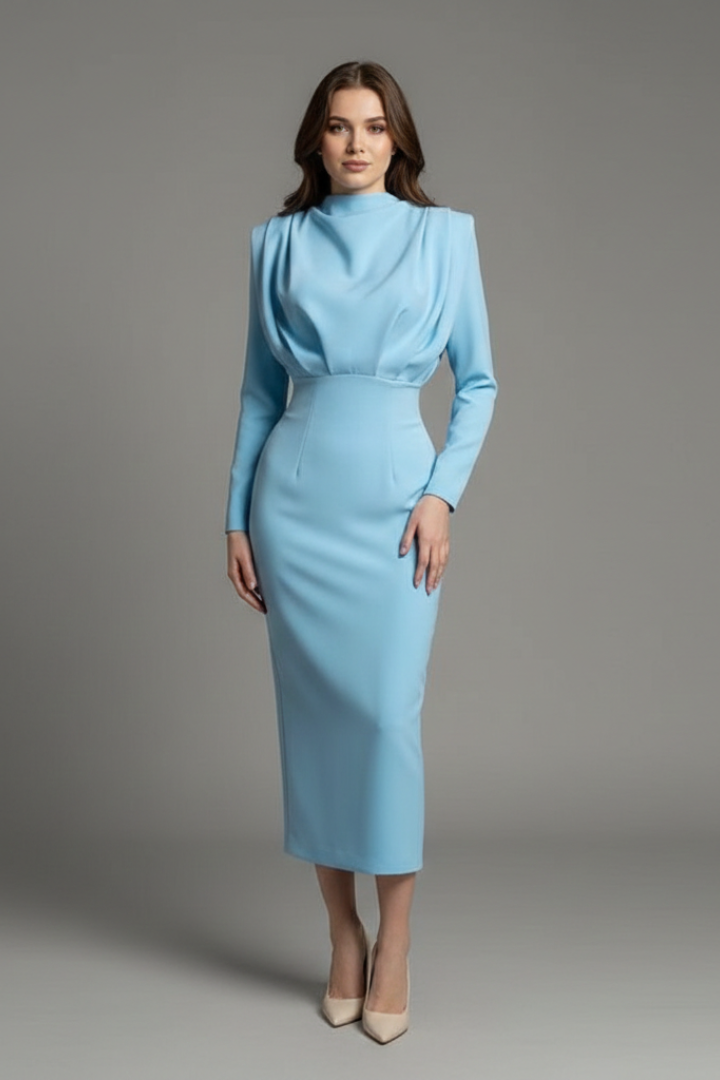 Quenivia | Midi-jurk met hoge hals voor dames – lange mouwen, elegant silhouet
