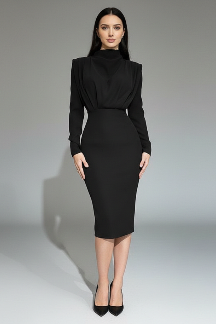 Quenivia | Midi-jurk met hoge hals voor dames – lange mouwen, elegant silhouet