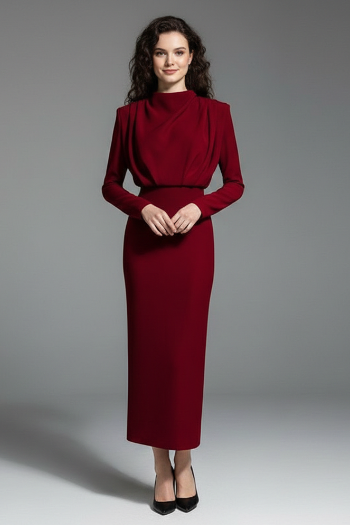 Quenivia | Midi-jurk met hoge hals voor dames – lange mouwen, elegant silhouet