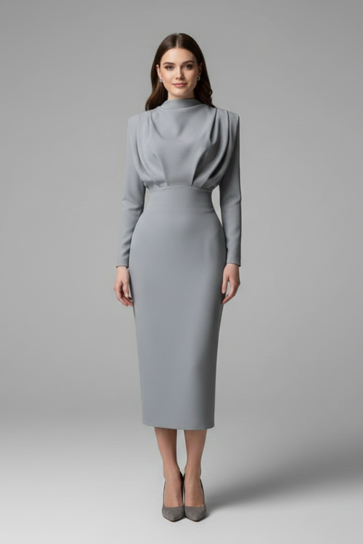 Quenivia | Midi-jurk met hoge hals voor dames – lange mouwen, elegant silhouet