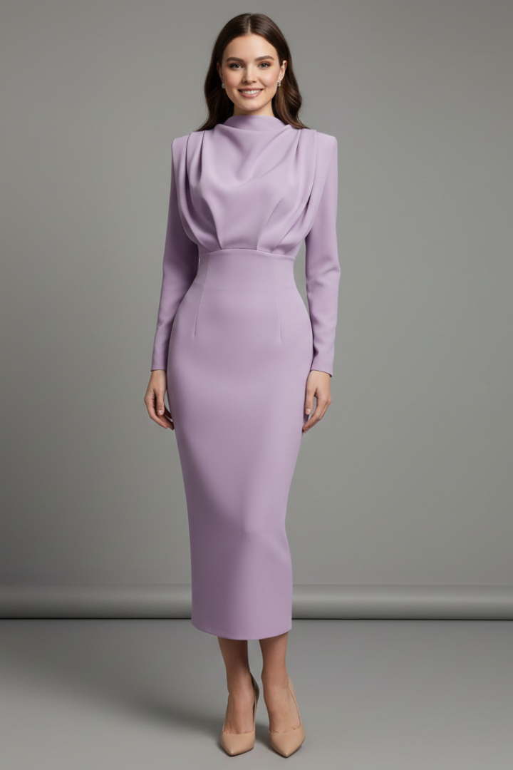 Quenivia | Midi-jurk met hoge hals voor dames – lange mouwen, elegant silhouet