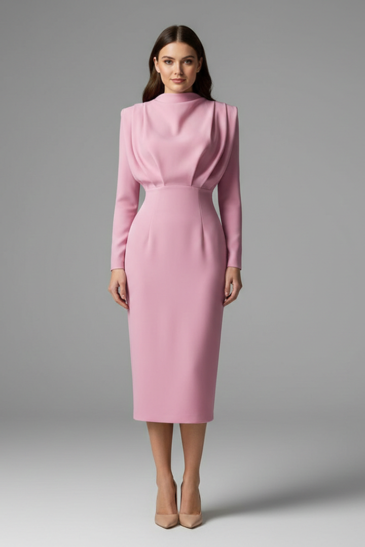 Quenivia | Midi-jurk met hoge hals voor dames – lange mouwen, elegant silhouet