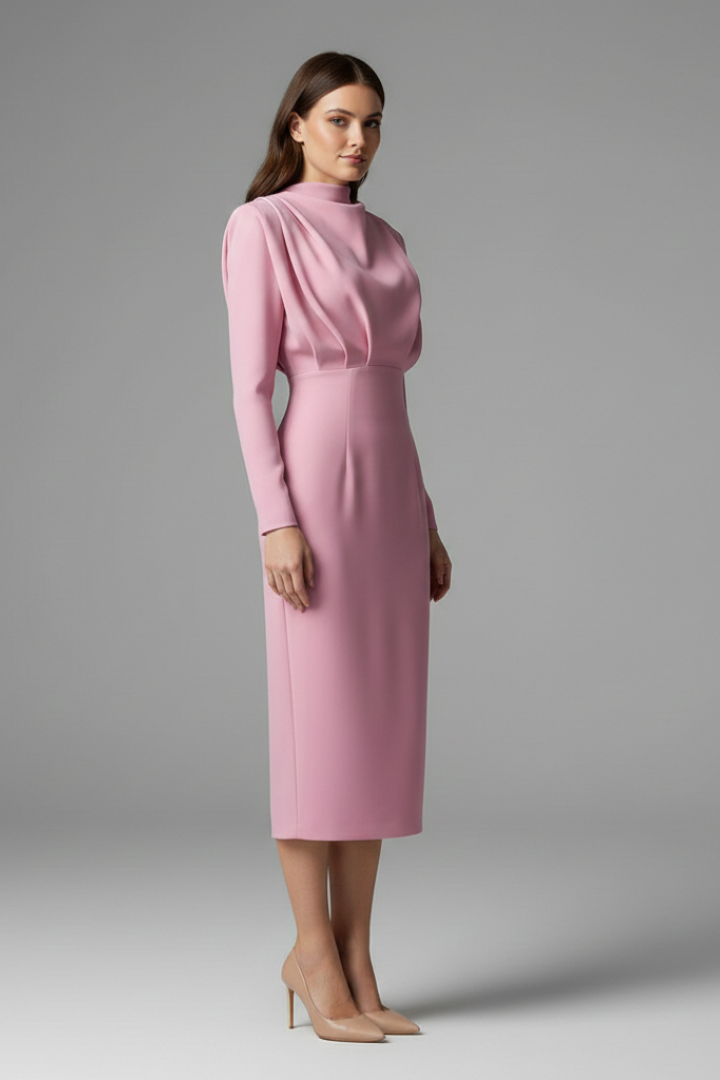 Quenivia | Midi-jurk met hoge hals voor dames – lange mouwen, elegant silhouet