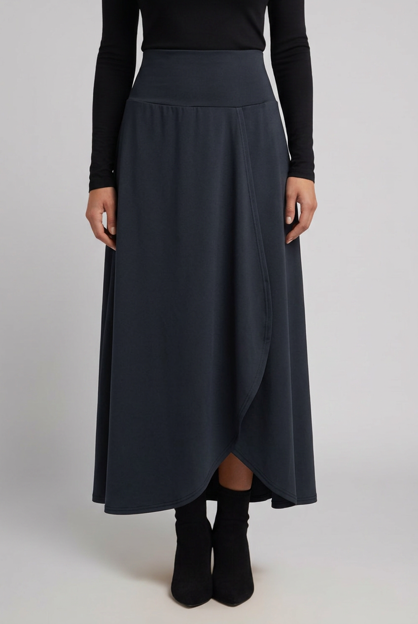 Gwyndoline | Dames Hoge Taille Maxi Rok – Wikkelvoorkant, Uitlopende A-Lijn & Gebogen Zoom