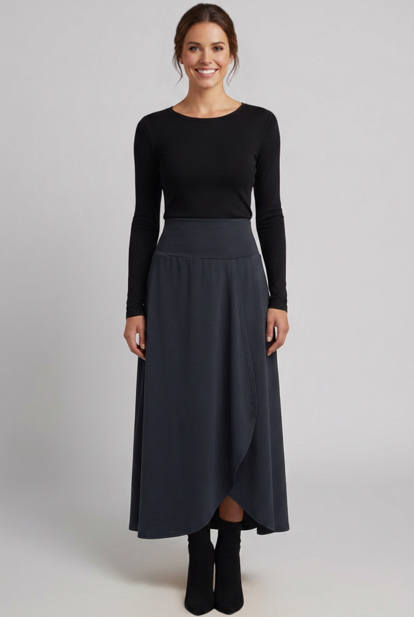 Gwyndoline | Dames Hoge Taille Maxi Rok – Wikkelvoorkant, Uitlopende A-Lijn & Gebogen Zoom