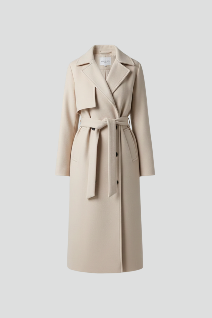 Perenelle | Dames Lange Jas – Dubbele Knoopsluiting, Tailleceintuur, Elegante Getailleerde Mantel
