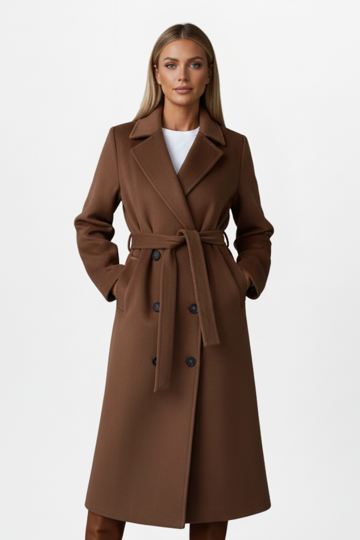 Perenelle | Dames Lange Jas – Dubbele Knoopsluiting, Tailleceintuur, Elegante Getailleerde Mantel