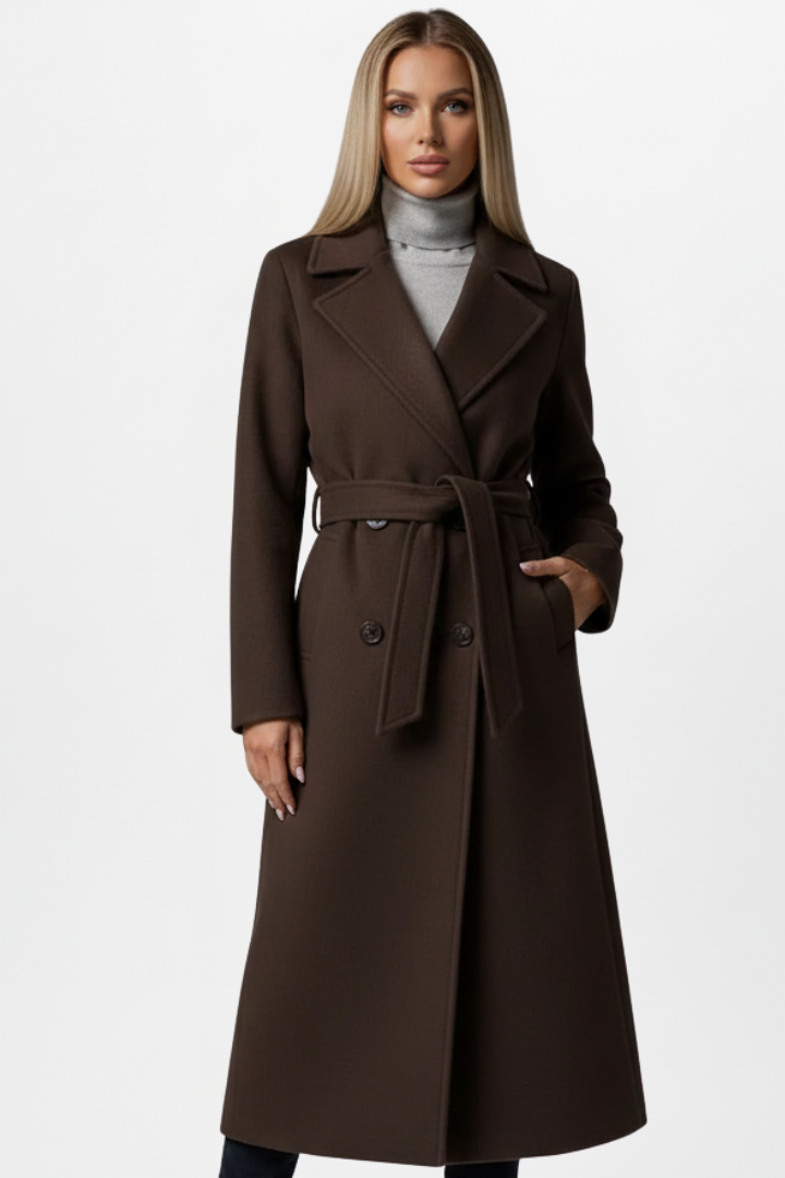 Perenelle | Dames Lange Jas – Dubbele Knoopsluiting, Tailleceintuur, Elegante Getailleerde Mantel