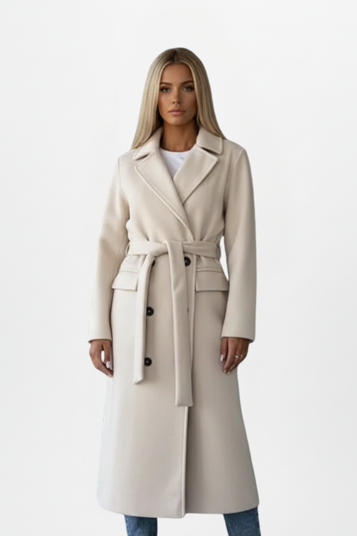Perenelle | Dames Lange Jas – Dubbele Knoopsluiting, Tailleceintuur, Elegante Getailleerde Mantel