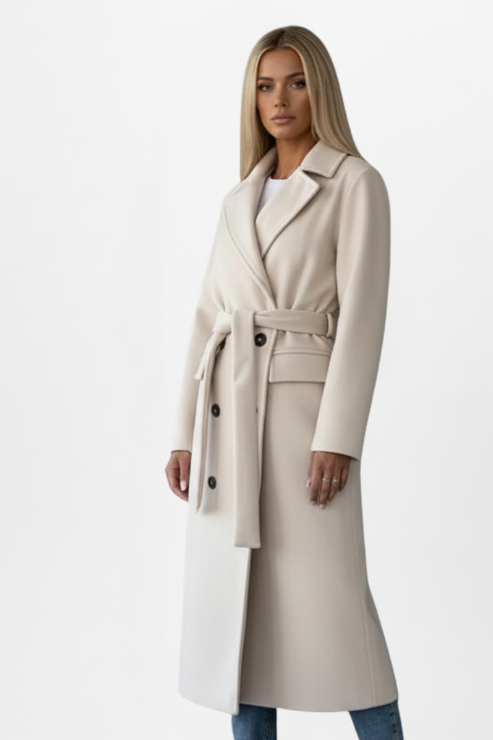 Perenelle | Dames Lange Jas – Dubbele Knoopsluiting, Tailleceintuur, Elegante Getailleerde Mantel