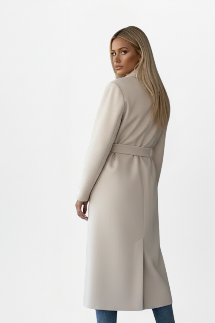Perenelle | Dames Lange Jas – Dubbele Knoopsluiting, Tailleceintuur, Elegante Getailleerde Mantel
