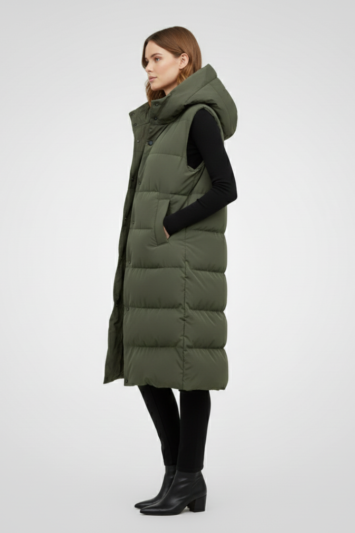Mavery | Dames Lange Bodywarmer met Capuchon – Mouwloos, Open voorkant en lang model