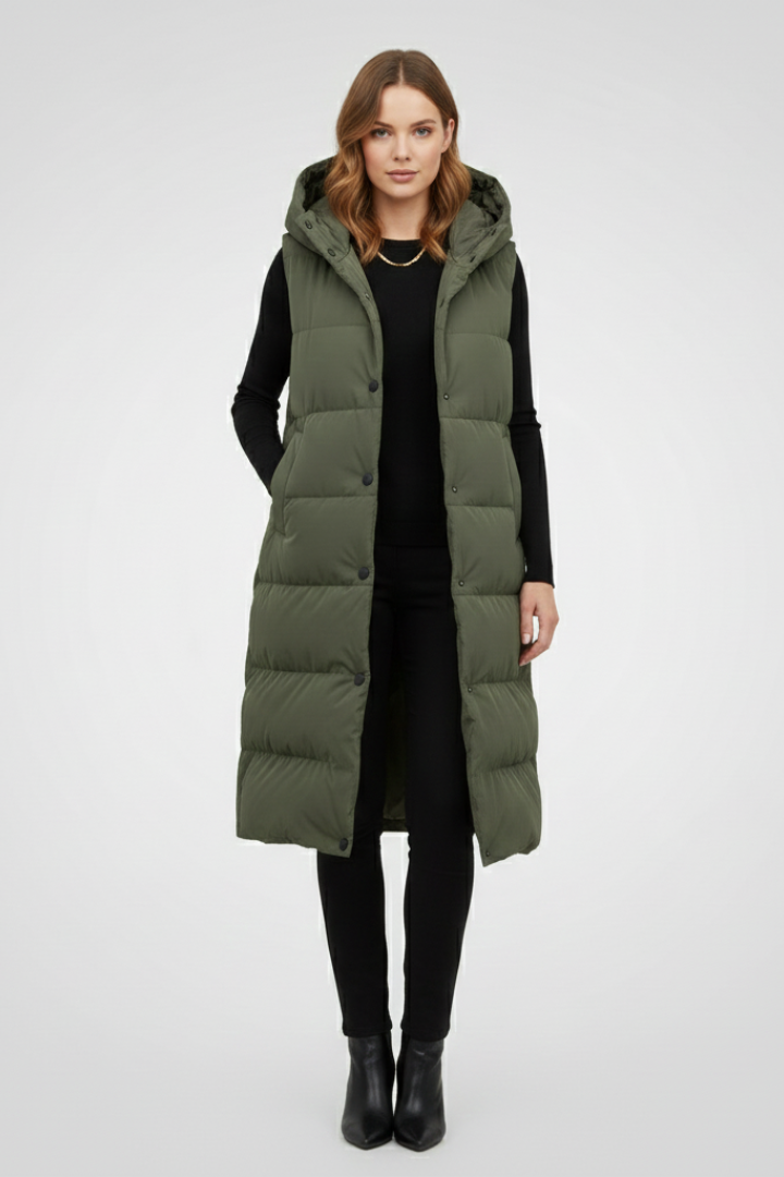 Mavery | Dames Lange Bodywarmer met Capuchon – Mouwloos, Open voorkant en lang model