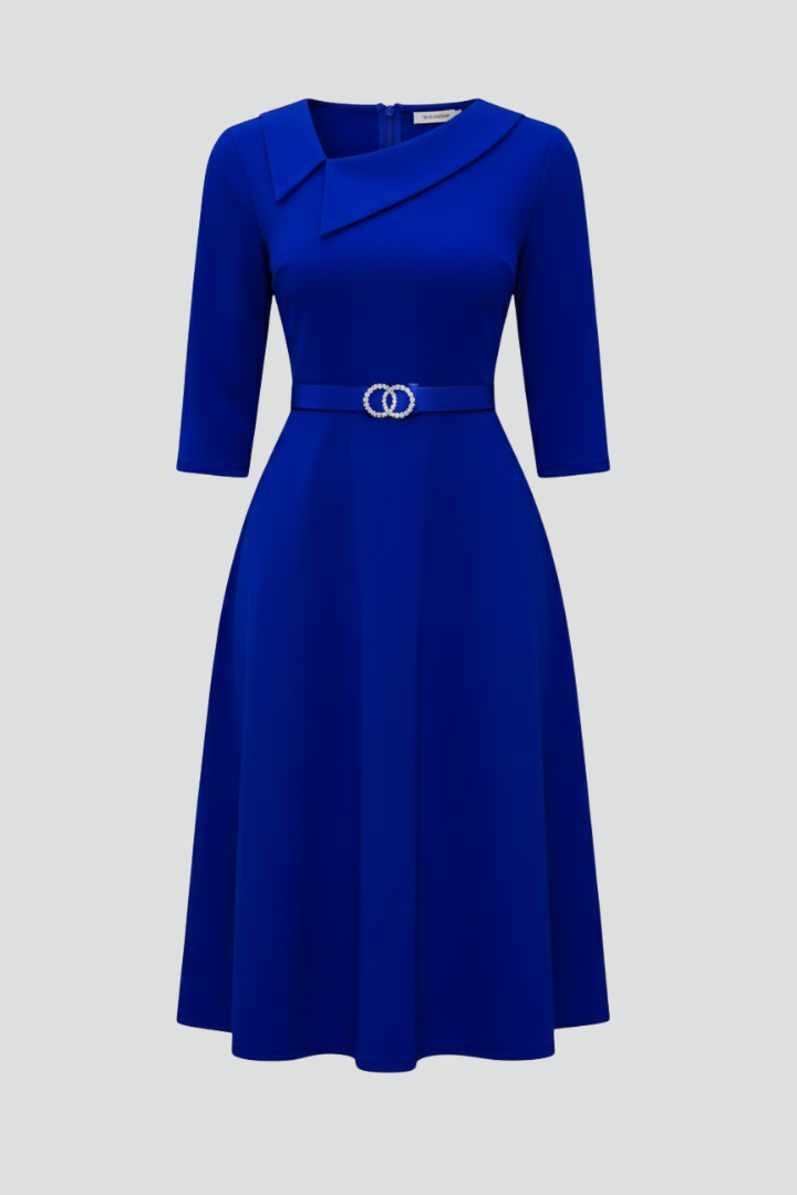 Phaeline | Midi-jurk voor dames – asymmetrische halslijn, ceintuur in de taille