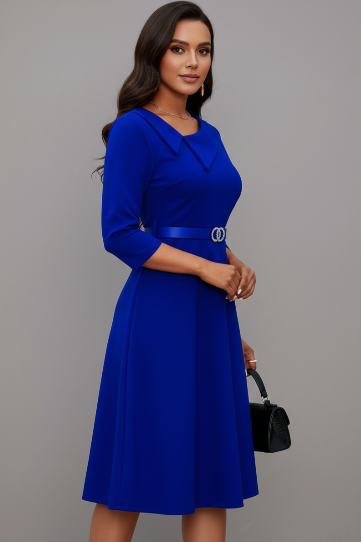 Phaeline | Midi-jurk voor dames – asymmetrische halslijn, ceintuur in de taille