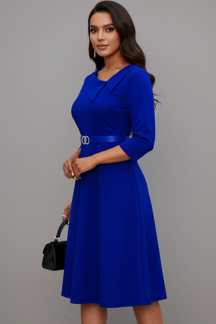 Phaeline | Midi-jurk voor dames – asymmetrische halslijn, ceintuur in de taille