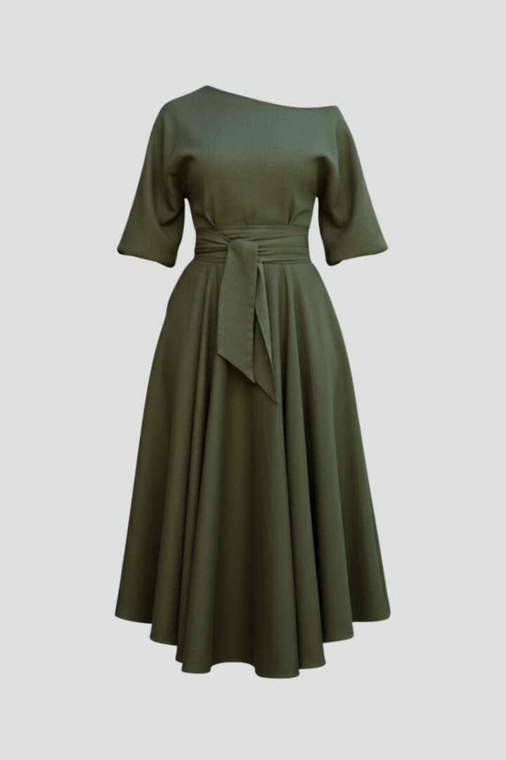 Valeska | Off-shoulder midijurk voor dames – lantaarnmouwen, elegante casual pasvorm