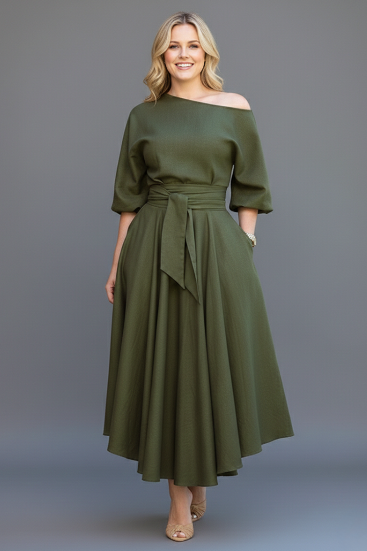 Valeska | Off-shoulder midijurk voor dames – lantaarnmouwen, elegante casual pasvorm