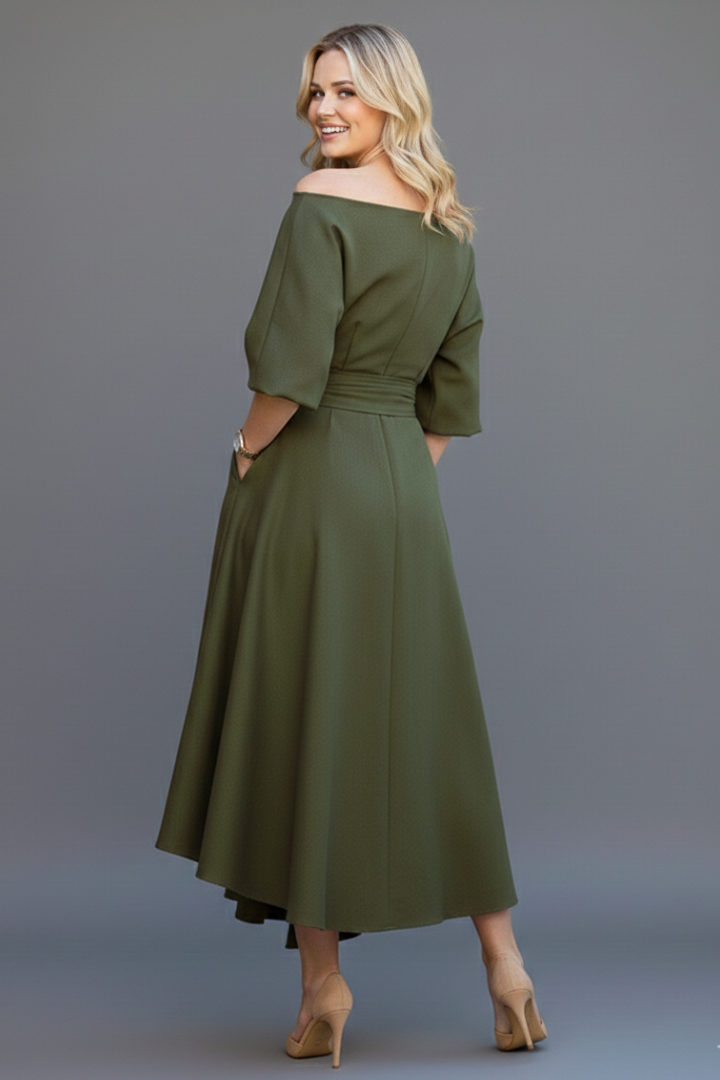 Valeska | Off-shoulder midijurk voor dames – lantaarnmouwen, elegante casual pasvorm