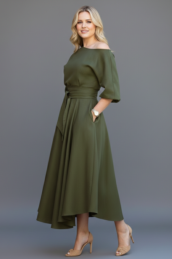 Valeska | Off-shoulder midijurk voor dames – lantaarnmouwen, elegante casual pasvorm