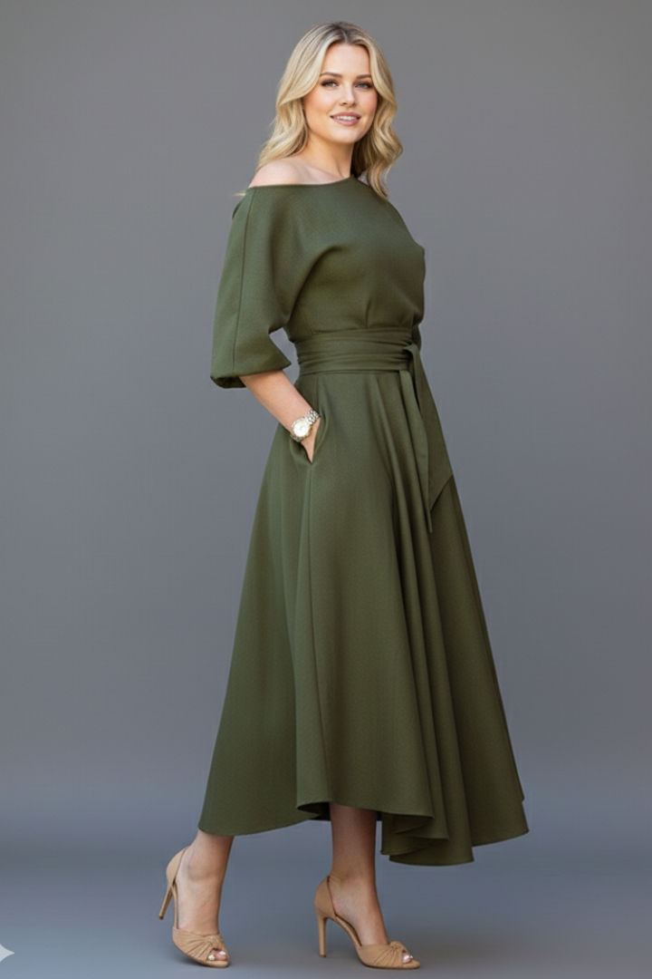 Valeska | Off-shoulder midijurk voor dames – lantaarnmouwen, elegante casual pasvorm