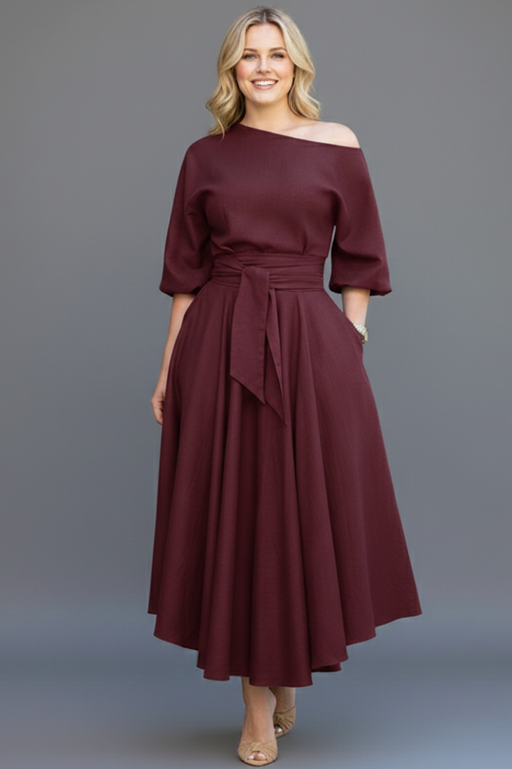 Valeska | Off-shoulder midijurk voor dames – lantaarnmouwen, elegante casual pasvorm
