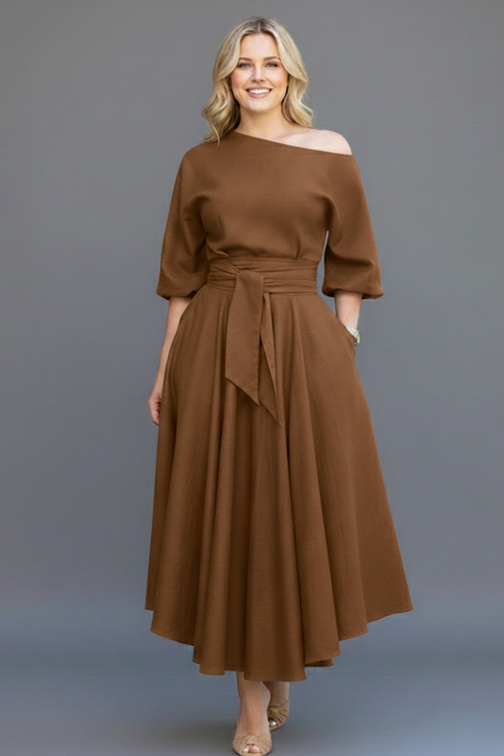 Valeska | Off-shoulder midijurk voor dames – lantaarnmouwen, elegante casual pasvorm