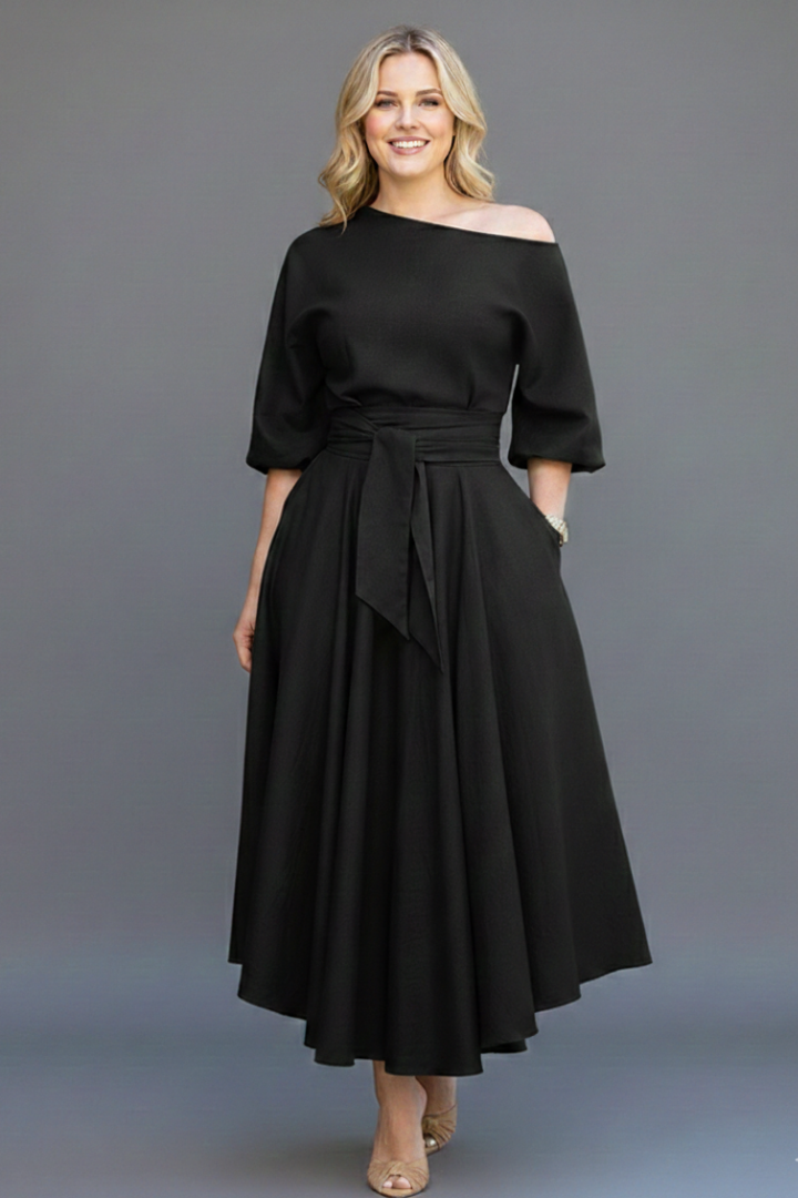 Valeska | Off-shoulder midijurk voor dames – lantaarnmouwen, elegante casual pasvorm