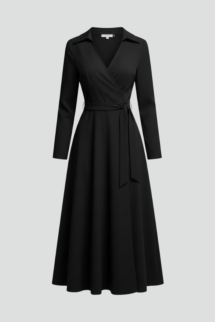 Elsinia | Elegante midi-jurk voor dames – flatterende V-hals, lange mouwen