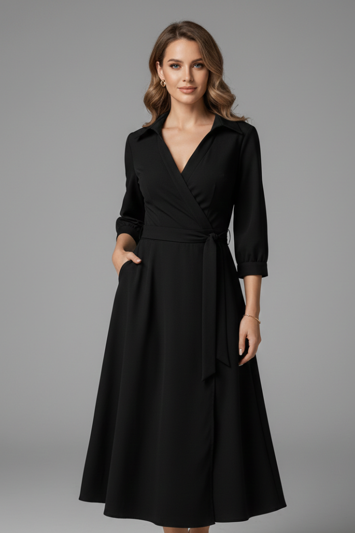 Elsinia | Elegante midi-jurk voor dames – flatterende V-hals, lange mouwen