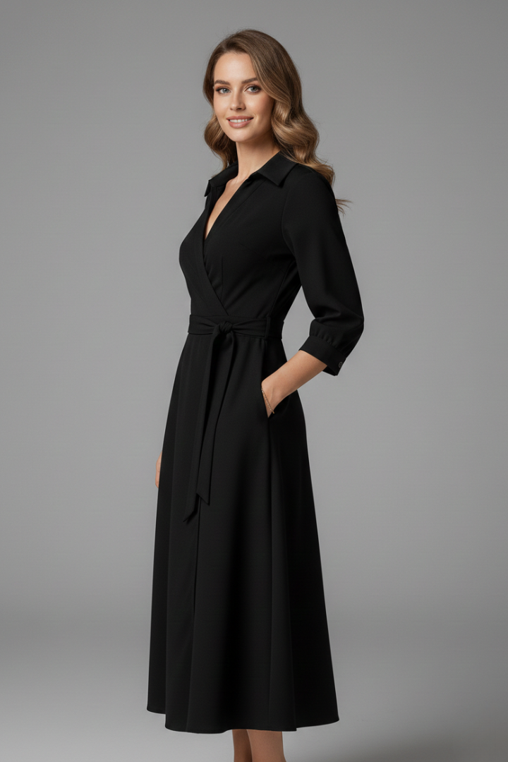 Elsinia | Elegante midi-jurk voor dames – flatterende V-hals, lange mouwen