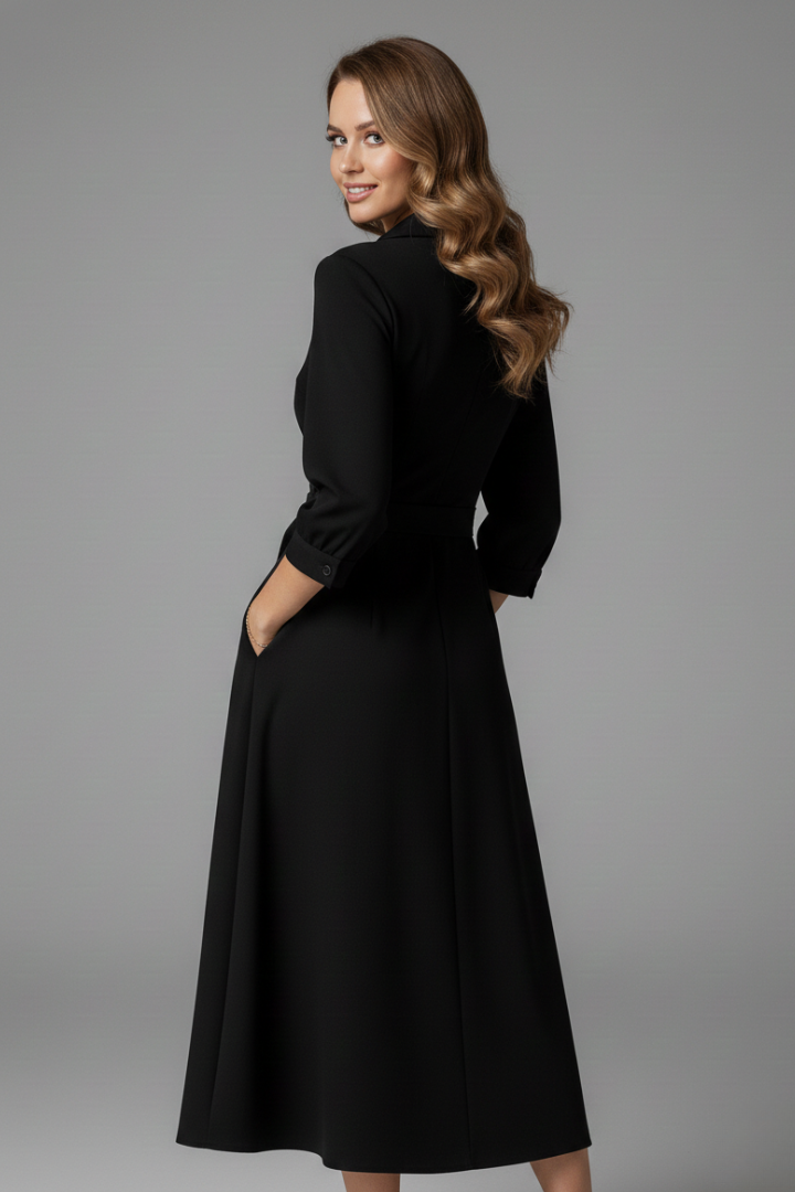 Elsinia | Elegante midi-jurk voor dames – flatterende V-hals, lange mouwen