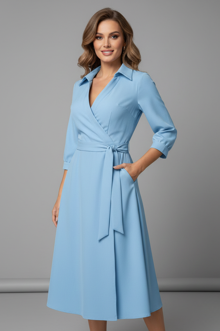 Elsinia | Elegante midi-jurk voor dames – flatterende V-hals, lange mouwen