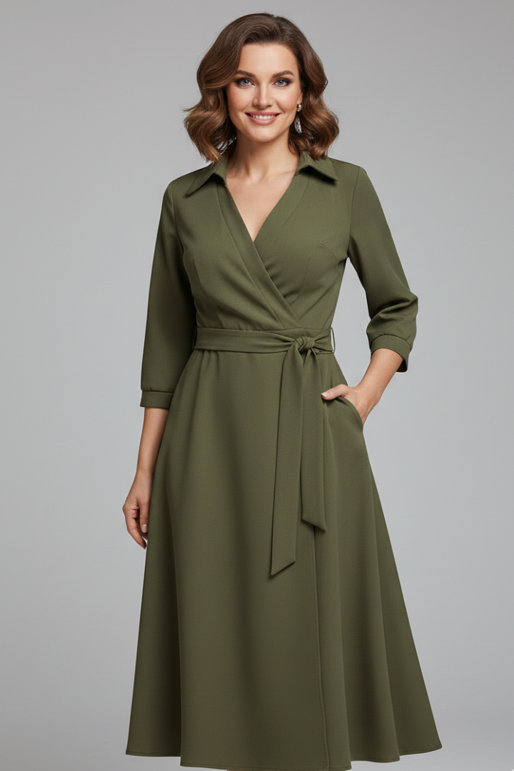 Elsinia | Elegante midi-jurk voor dames – flatterende V-hals, lange mouwen