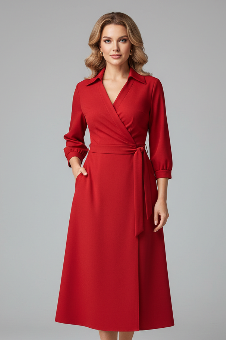 Elsinia | Elegante midi-jurk voor dames – flatterende V-hals, lange mouwen