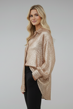 Ariadne | Dames Oversized Glanzende Blouse – Top met Lange Mouwen en Glittereffect